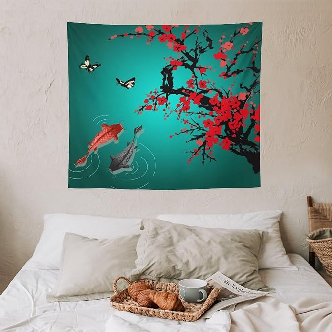 Houselerax Japanese Koi Fish Tapestry, Cherry Blossoms Asian Oriental Green Teal Floral Branch Koi Fish Carp Tapestries Wall Hanging for Bedroom Living Room Office Decor 60"x50"