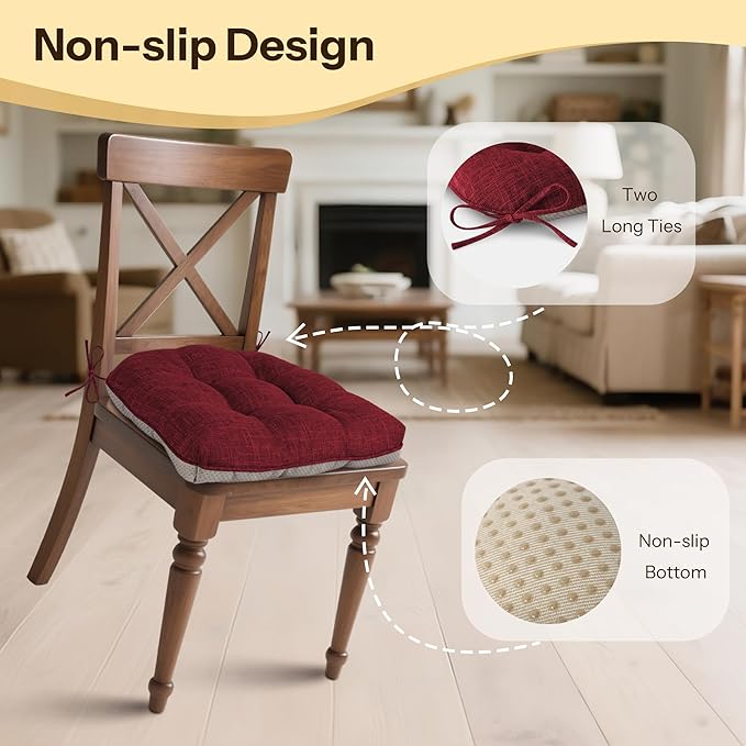 Non Slip Chair Cushions for Dining Chairs Set of 4 Kitchen Chair Cushions 18"x18"x3" Turfted Chair Pads Comfortable and Soft Seat Cushion with Ties, Burgundy