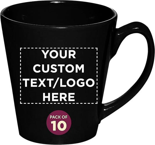 DISCOUNT PROMOS Custom Glossy Ceramic Latte Coffee Mug 12 oz. Set of 10, Personalized Bulk Pack - Perfect for Tea, Espresso, Cappuccino, Hot Cocoa - Black