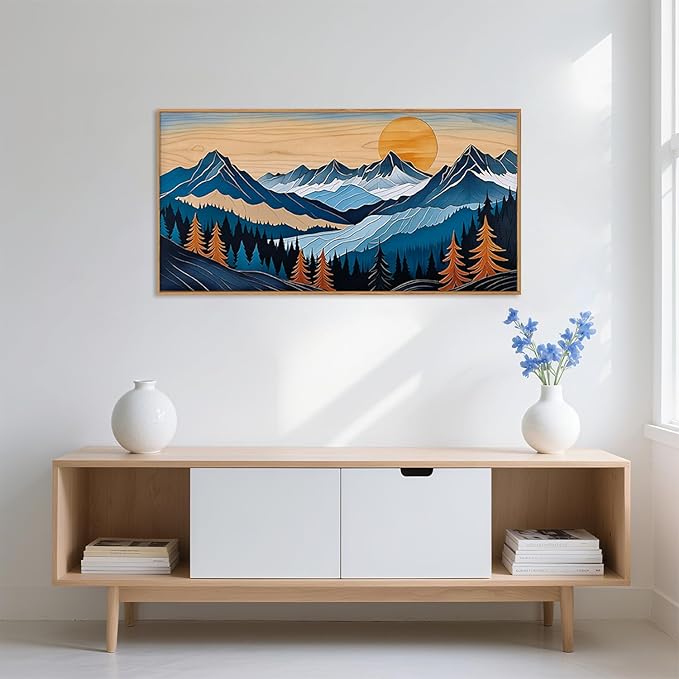 Blue Woodcut Mountain Framed Canvas Wall Art Set, Boho Abstract Ridge Wall Decor, Pine Tree Landscape Wall Painting, Sunrise Forest Art Print for Living Room, Bedroom, Office - 20"X40"