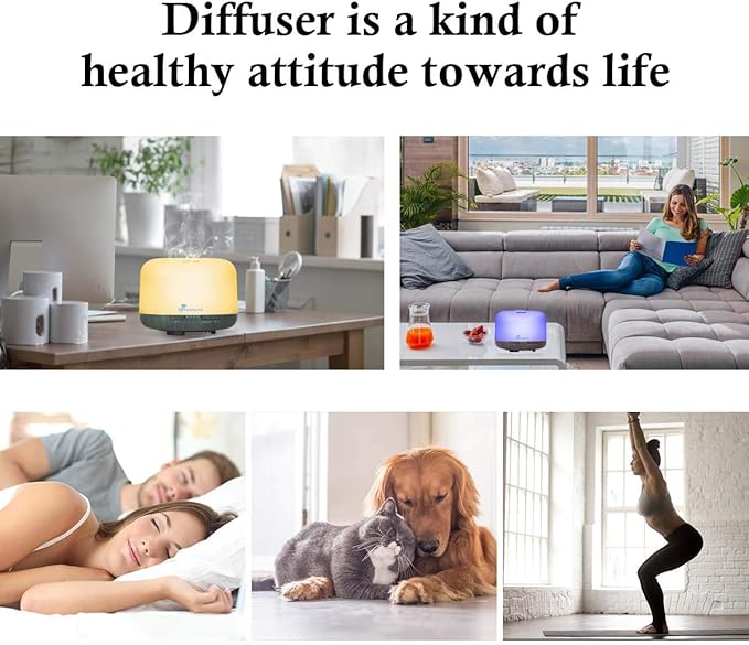 Diffuserlove Essential Oil Diffuser 500ML Aromatherapy Diffuser Mist Humidifiers 7 Color LED Lights Diffusers for Home Office Bedroom (Size:6.7" L x 6.7" W x 4.7" H)