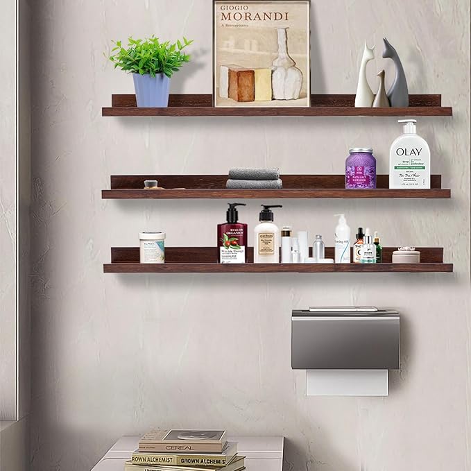 AZSKY Floating Shelves Deep Walnut for Wall Long Picture Ledge Shelf 48 Inch Beige Photo Ledge Shelves with Lip Wall Bookshelf for Kids Bedroom Living Room Bathroom Kitchen Wooden Spice Rack Set of 3