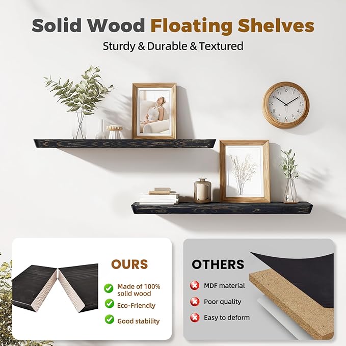 36"x6.8"x1.6" Slanted Floating Wall Shelves 2-Pack - Rustic Black Finish, Heavy-Duty Solid Wood Design with Hidden Brackets - Perfect for Living Room, Kitchen, Bathroom, or Office