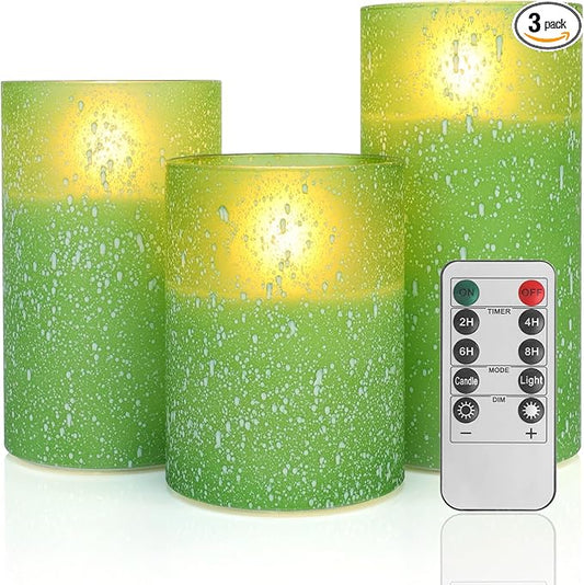 Green Flameless Candles with Remote, Glass LED Pillar Battery Operated Candles with Timer, Flickering Decorative Lights for Home Weddings Holidays Gift Set of 3