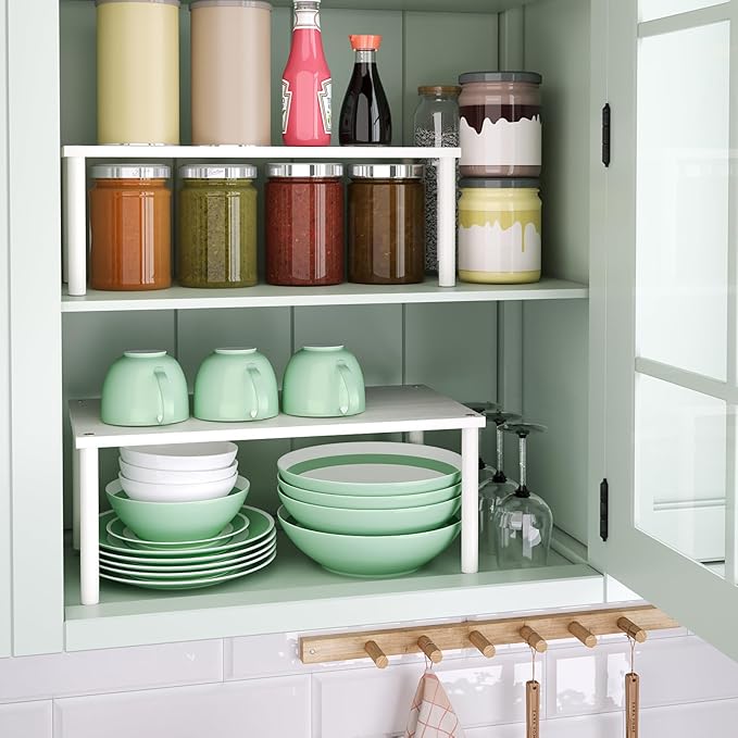 Cabinet Organizer Shelf(Set of 2),Kitchen Counter Shelves,Bamboo Spice Rack Countertop and Cabinet,Stackable Expandable,Large(White)