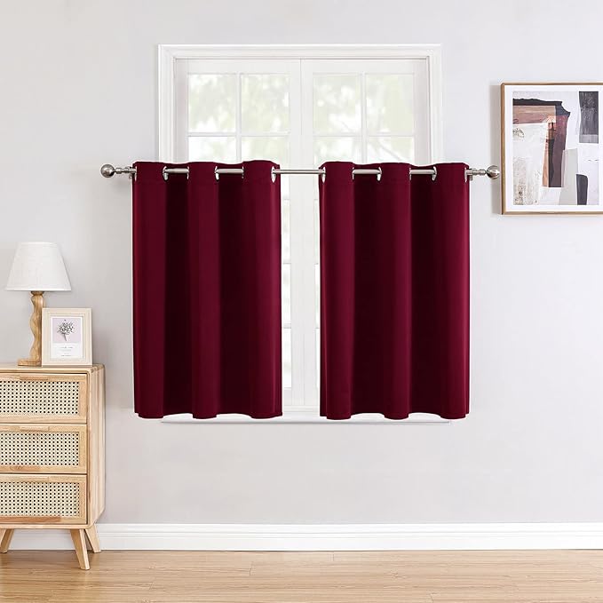 ChrisDowa Small Window Curtains for Kitchen and Bedroom - Grommet Short Thermal Insulated Room Darkening Curtains (2 Panels, Burgundy Red, 42 x 36 Inch)