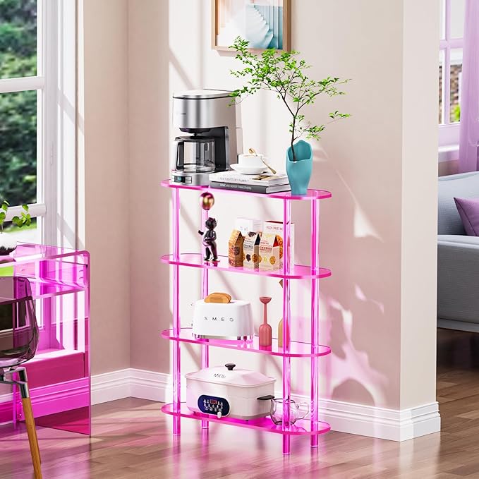 Clear Bookshelf, Acrylic Bookcase with Open Book Shelf Console Table for Entryway Office (4 Tier Pink)