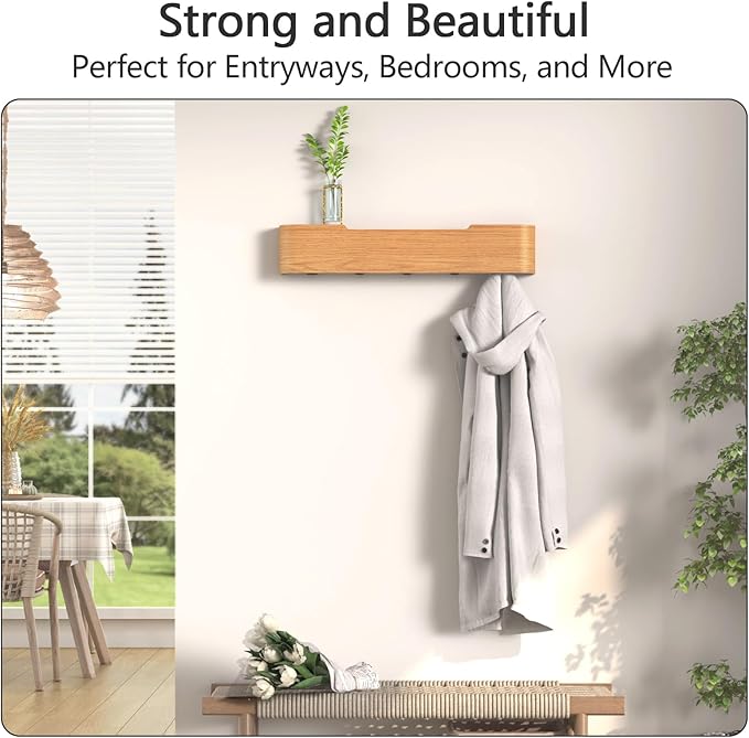 Coat Rack Wall Mount with Hidden Hooks Entryway Hanging Shelf Modern Wood Coat Hanger for Bedroom Kitchen Hallway Bathroom (Oak, 20.9 Inch Long)