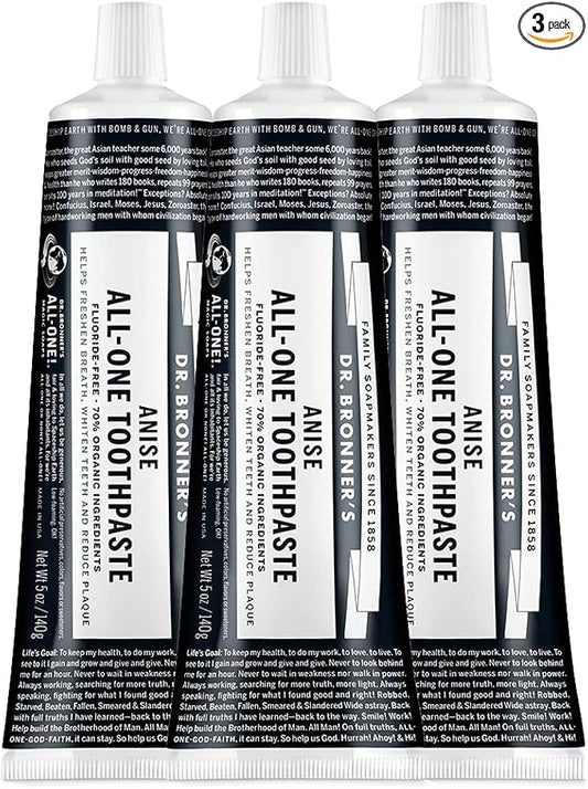 Dr. Bronner’s - All-One Toothpaste (Anise, 5 Ounce, 3-Pack) - 70% Organic Ingredients, Natural and Effective, Fluoride-Free, SLS-Free, Helps Freshen Breath, Reduce Plaque, Whiten Teeth, Vegan