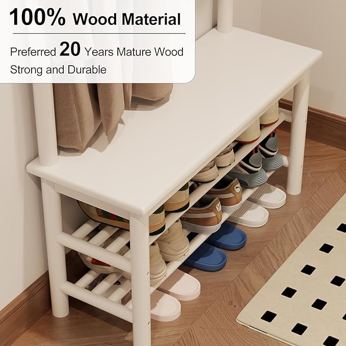 Coat Rack with Shoe Storage, Wooden Hall Tree with Bench, 11 Hooks and 2-Tier Storage Shelves, 3-in-1, Entryway Bench with Coat Rack (31.5"-White)