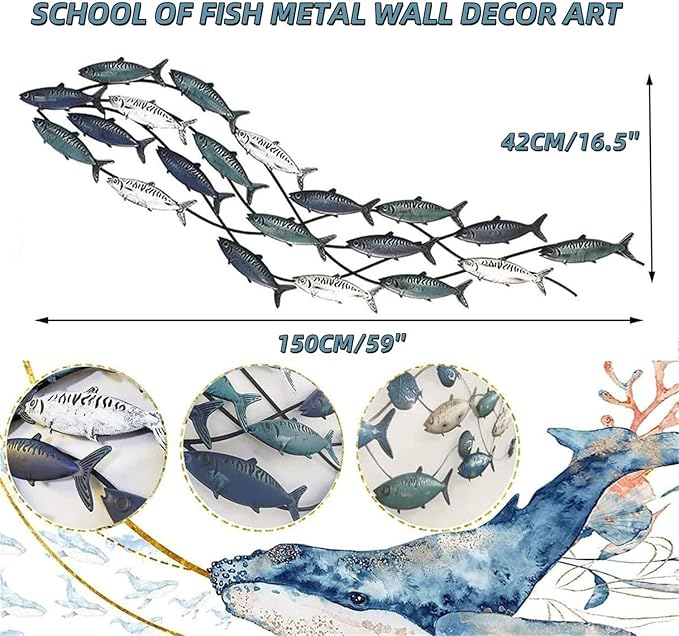 Coastal Metal Fish Wall Decor, Large Nautical Fish Wall Décor,School of 20 Fish Wall Art,3D Fish Wall Sculpture,Fish Metallic Art Decor,Perfect for Living Room,Bedroom,Beach Or Boat Decor,59" X 16.5"