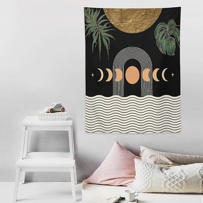 Abstract Boho Tapestry, Mid Century Tropical Tree Leaves Modern Geometric Arch Bohemian Botanical Tapestry, Home Aesthetic Wall Hanging Art Decor for Living Room Bedroom Dormitory 60x60 Inch
