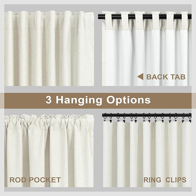 Natural Linen Back Tab Blackout Curtains & Drapes 96 Inch Long for Bedroom Livingroom Farmhouse Curtain 2 Panel Neutral Cute Black Out Room Darkening Thermal Insulated 8ft Pleated Window Curtain Cream