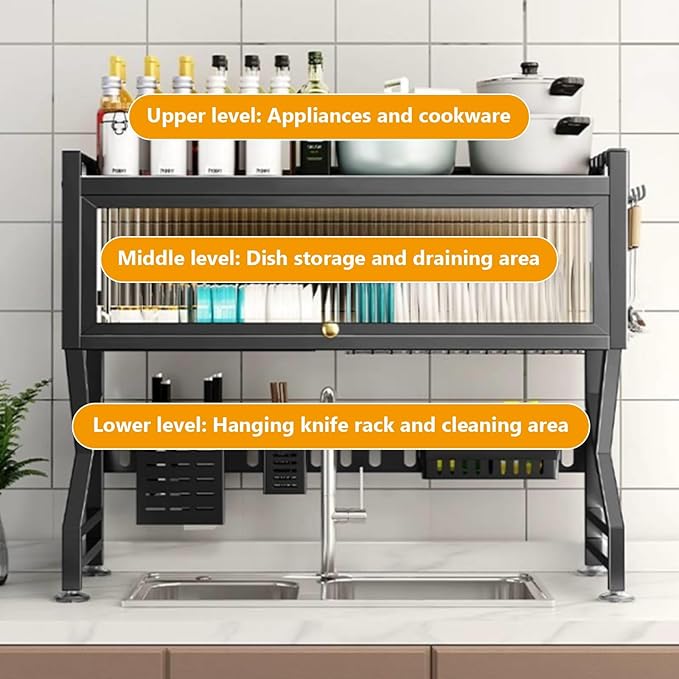 Kitchen sink rack dishwashing sink countertop dustproof cupboard storage multifunctional tableware storage drain rack double layer,KeepKitchen Sink Shlef Organized Space-Saving(Black,85cm/33.5in)