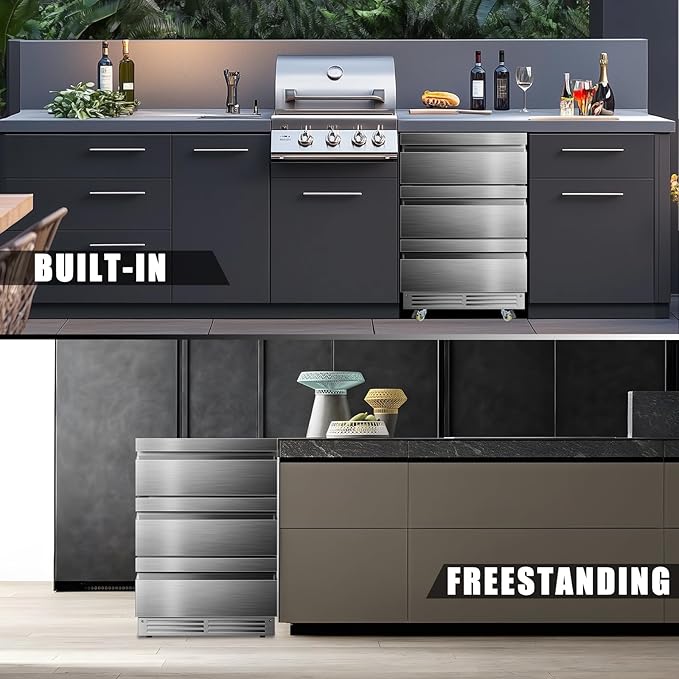 24 Inch Upgraded Three-Drawer Beverage Fridge, Weather Proof Outdoor Stainless Steel Beverage Refrigerator, Under Counter Built-in Beverage Cooler for Home & Commercial Use
