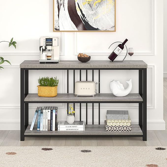 FOLUBAN Console Tables for Entryway, Sofa Table with 3 Tier Storage for Living Room Hallway Foyer Behind Couch, Rustic Light Grey