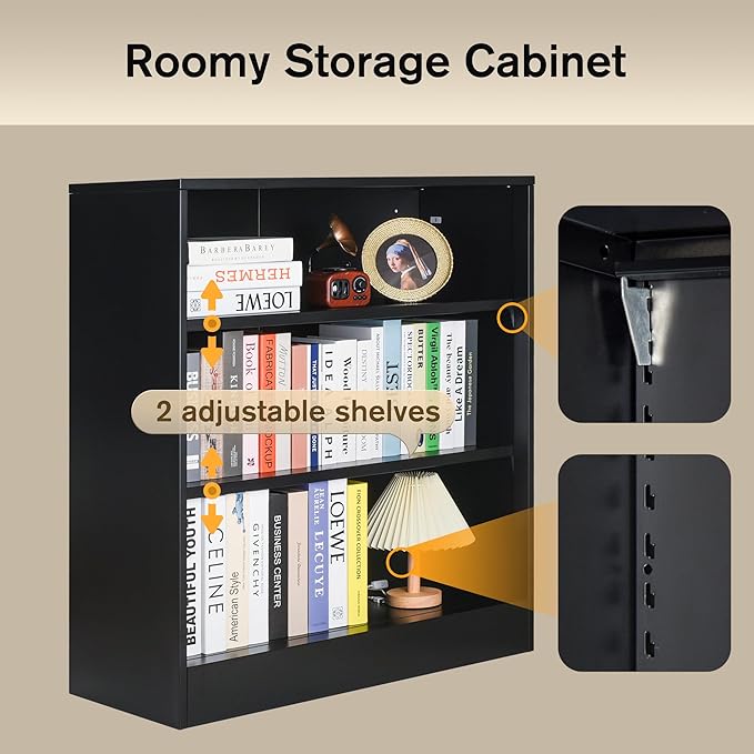 3-Tier Metal Open Shelf Bookcase, Bookcase with Adjustable Shelves, Floor Standing Book Shelf, Freestanding Display Storage Shelves, Curio Cabint Display Case for Small Places/Living Room/Corner