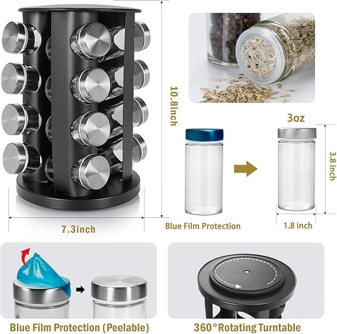 Black Countertop Rotating Spice Rack, 16-Jars Revolving Spice Rack Organizer Tower, 135 Spice Labels with Funnel Complete Set, Seasoning Organizer for Kitchen Countertop, Cabinet