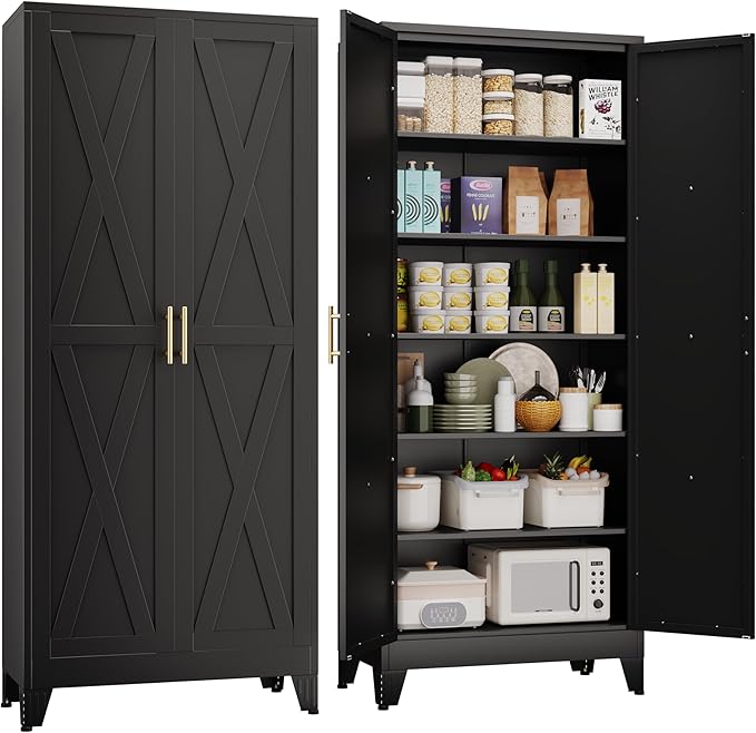 75" Tall Metal Kitchen Pantry Storage Cabinet, Freestanding Cupboard with 2 Doors and 5 Adjustable Shelves, Standing Storage for Kitchen, Bathroom, Garage, Dinning Room or Utility Room（Black）