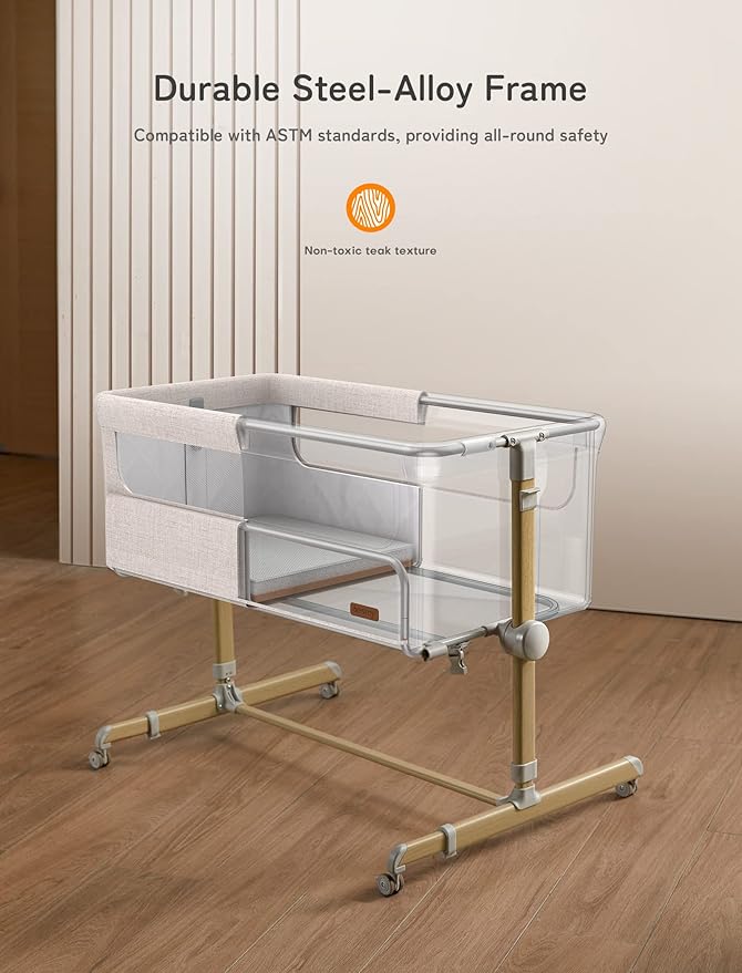 Baby Bassinet Bedside Sleeper, besrey Bedside Bassinet for Newborn Infant with Comfy Mattress, 9 Height Positions, Adjustable Bedside Crib with 360° Swivel Wheels Bassinet for Baby with Storage Basket