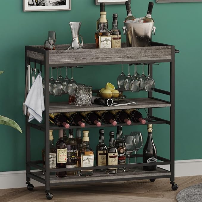 BON AUGURE Bar Cart, Home Bar Serving Cart on Wheels, Mobile 3 Tier Liquor Beverage Carts with Wine Rack and Glass Holder (Grey Oak)
