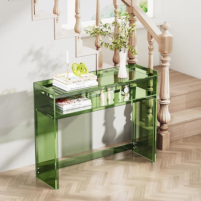 Acrylic Console Table, Entryway Table with Storage Shelves (Green)