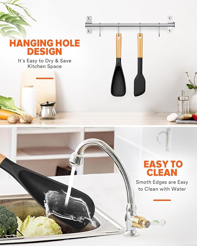 Cooking Spoon and Scraper for Nonstick Cookwares, Great for Cooking and Serving Durable BPA-Free Matte Silicone, Wood Handle Multifunction Spoon for Mixing, Scoop, and Scrape (BLACK)