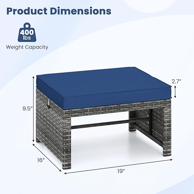 Tangkula 2 Pieces Patio PE Rattan Ottomans, Multipurpose Outdoor Footstool Footrest Additional Seating Side Table with Soft Zippered Cushions for Deck, Garden, and Yard (Navy Blue)
