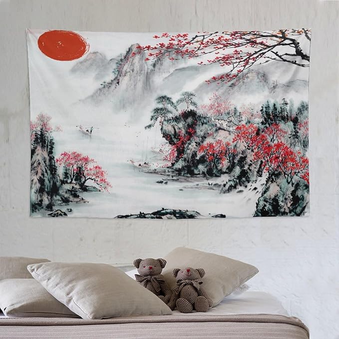 Cherry Blossoms Tapestry,Japanese Red Landscape Asian Watercolor Abstract Art Tapestry, Asian Japanese Wall Tapestry, Nature Landscape Tapestries for Bedroom Living Room Decor 90"x60"