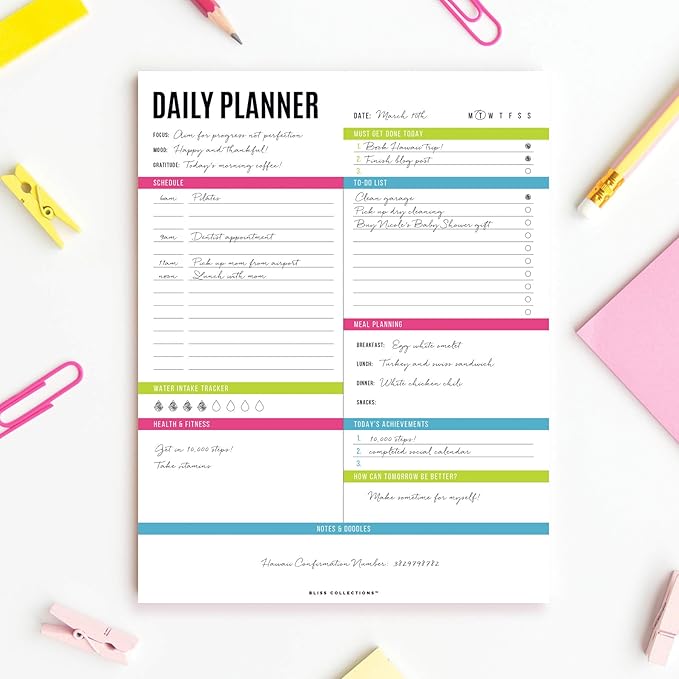 Bliss Collections Daily Planning Pad, To Do List Notebook - Undated Tear-Off Sheets Notepad - Work Calendar, Organizer, Scheduler for Goals, Tasks - Vibrant, 8.5" x 11", 50 Sheets