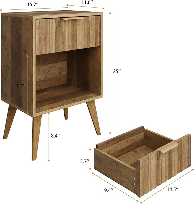 Fluted Night Stand with Opening Storage,Mid Century Bedside Table with Drawer,Wood Nightstand with Solid Wood Legs,End Table Side Table for Living Room,Bedroom,Caramel Oak CTG56BR