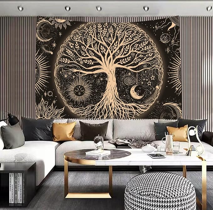 FORATER Tree of Life Tapestry Wall Hanging Sun Moon Stars Tapestries Aesthetic Galaxy Wall Tapestry Nature Home Decoration for Living Room Bedroom(61 x 82 Inch, Black and Gold)