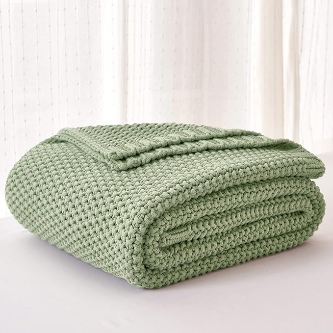 Chunky Cable Knit Throw Blanket Lightweight Light Green 100% Organic Cotton Blanket for Sofa Couch Bed Baby Nursery, Rustic Shabby Chic Modern Farmhouse, 51” x 63” Bonus Laundering Bag