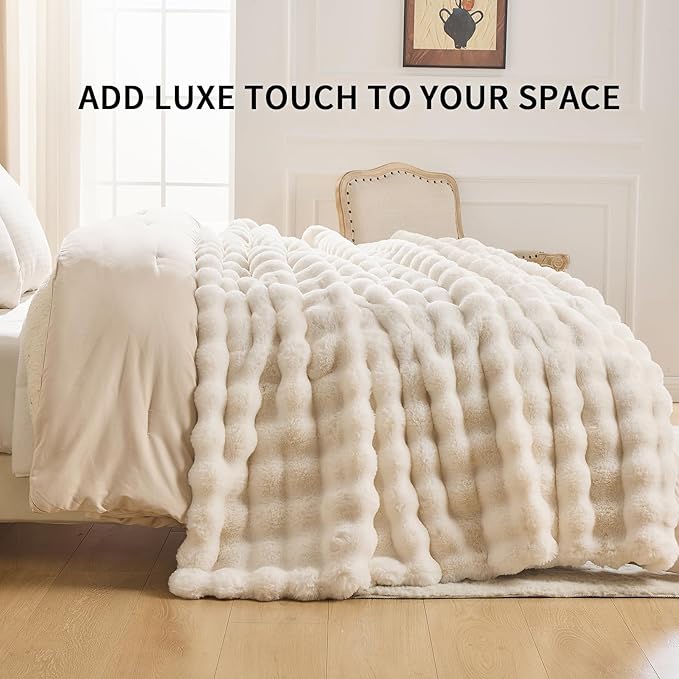 Cozy Faux Fur Throw Blanket for Bed-Warm Fuzzy Throw Blanket, Soft Plush Thick Bubble Blankets for Bedroom and Living Room, Furry Luxury Blanket, 60 x 80, Cream