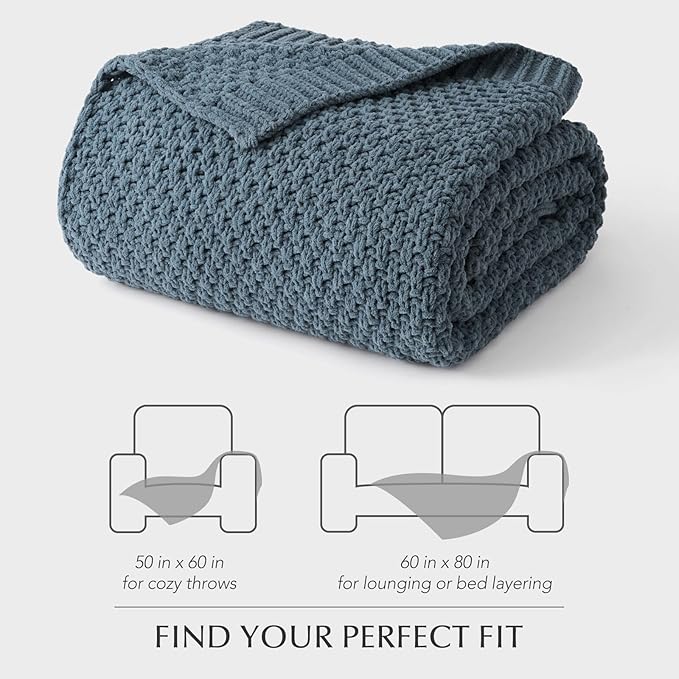 Chunky Chenille Knit Throw Blanket for Couch, Soft Luxurious Moss Stitch Blankets for Bed, Cozy Decorative Farmhouse Knitted Throws for Sofa, Stormy Blue, 50" x 60"