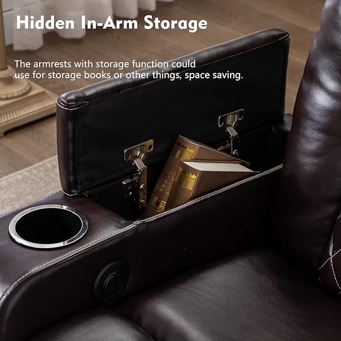 CANMOV Electric Power Recliner Chair with USB Ports and Cup Holders, Breathable Leather Home Theater Seating with Hidden Arm Storage (Brown)