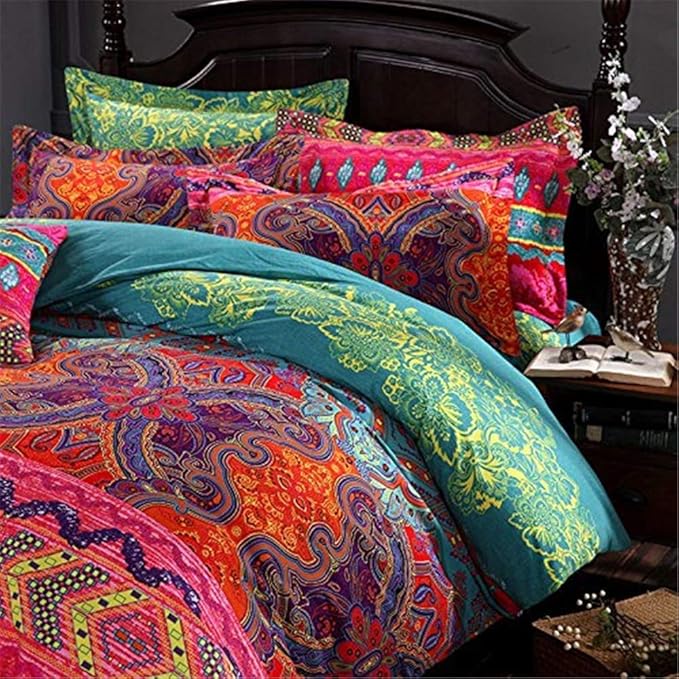 ABREEZE 3Pcs Bohemia Retro Bedding Ethnic Vintage Floral Duvet Cover Boho Bedding 100% Brushed Cotton Bedding Sets Damask Paisley Coloful Mandala Down Comforter Cover,King