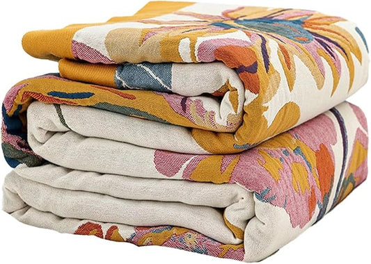 Boho Throw Blanket for Couch Sofa Bed, 100% Cotton Woven Quilt with Tassel 80”x90”, Super Soft Muslin Blanket with Floral Printed, Decorative Reversible Bed Blanket/Cover for All Seasons
