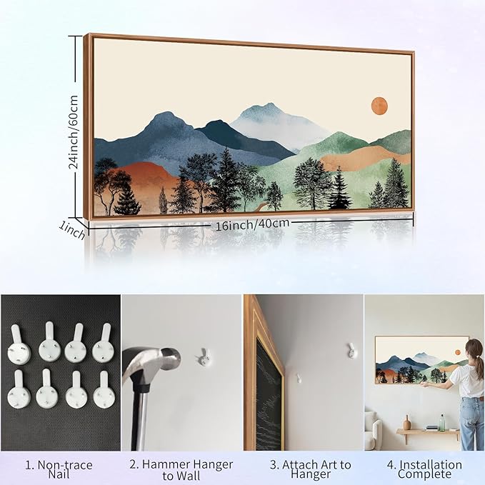 SIGNINART Large Boho Mountains Framed Canvas Wall Art, Watercolor Nature Landscape Art Prints, Neutral Modern Sunrise Art Paintings, Green Forest Wall Decor for Living Room, Bedroom, Office 20"x40"
