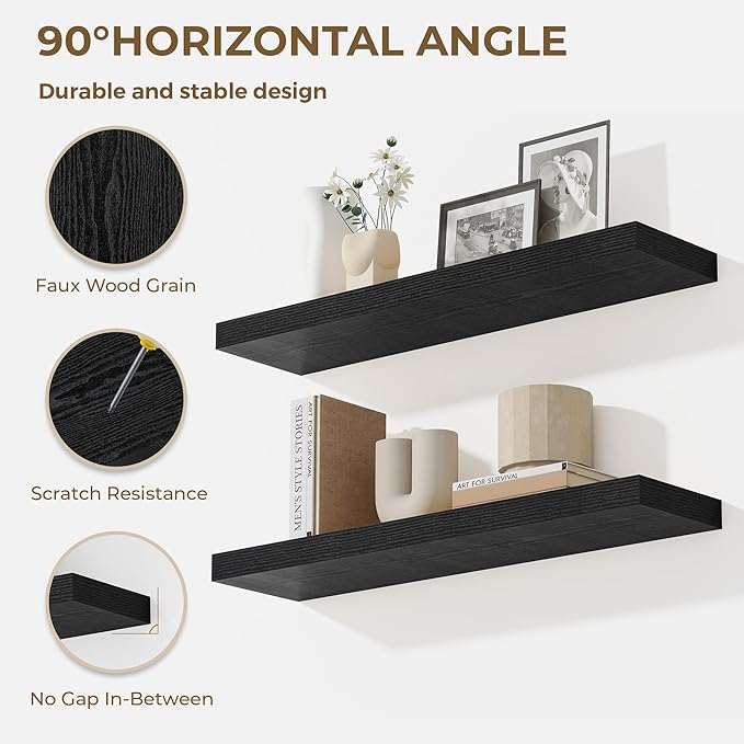 Dreamland 40 Inches Floating Shelves for Wall, 9.3" Deep Long Floating Shelves Set of 2, Large Display & Storage Shelf, Wall Shelf for Bathroom Bedroom Living Room Kitchen Office, Black