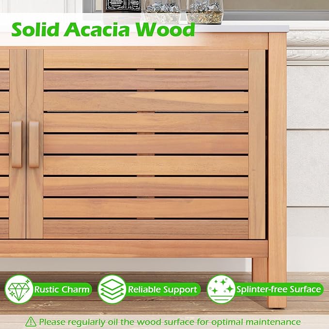 Goplus Patio Storage Cabinet, 2-Door Acacia Wood Storage Container with Faux Marble Top, Outdoor Wooden Sideboard for Deck, Garden, Lawn and Backyard