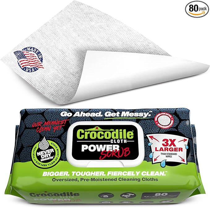Crocodile Cloth PowerScrub - 80 Dual Surfaced Cloths, 10in X 15in. Large, Moist, Absorbent and Disposable Cleaning Cloths. Safe on Skin and Multiple Surfaces. (6500-080)
