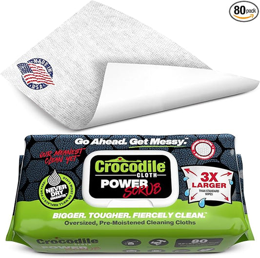 Crocodile Cloth PowerScrub - 80 Dual Surfaced Cloths, 10in X 15in. Large, Moist, Absorbent and Disposable Cleaning Cloths. Safe on Skin and Multiple Surfaces. (6500-080)