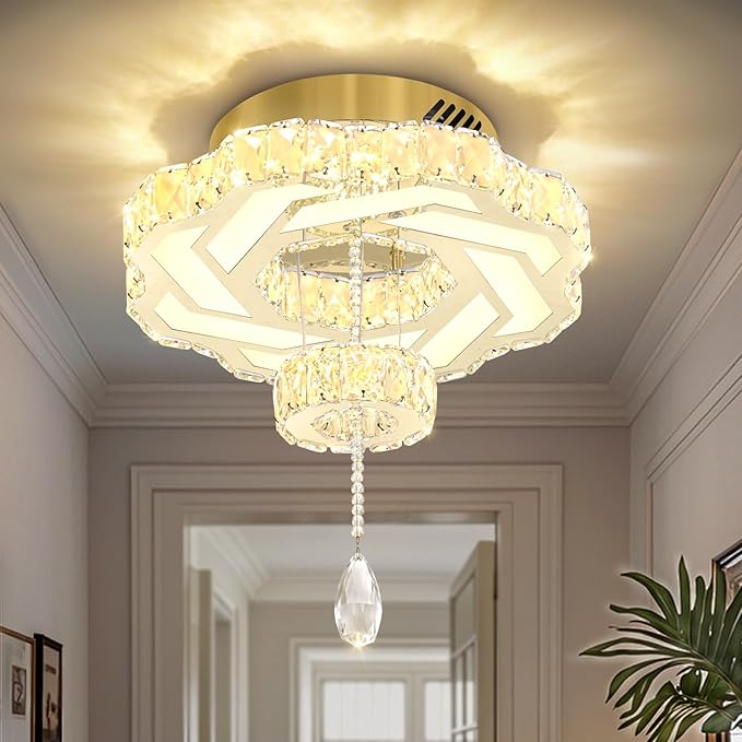 Flashing God 16 Inch Mini Chandelier Modern Crystal Chandeliers Light Semi Flush Mount Ceiling Light Fixture Small Gold Chandelier for Bedroom Hallway Kitchen Foyer