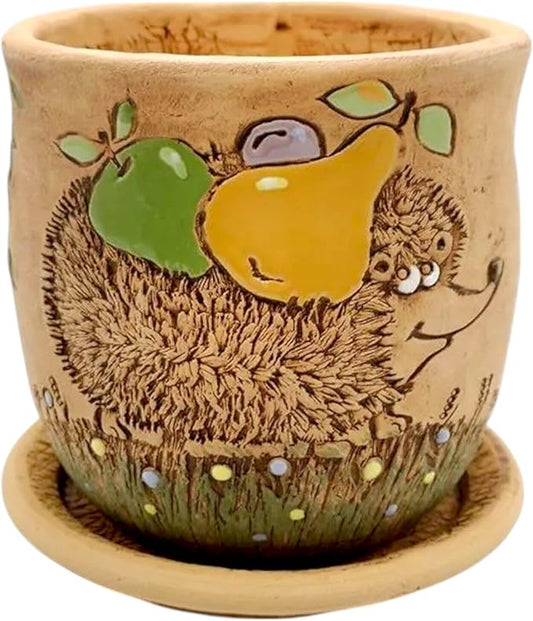 Ceramic Pot with Drainage Hole and Saucer, Plant Pots, Modern Decorative Planters for House Plants Indoor Flowers Plants, Cute Flower Pot - Gifts (Hedgehog (1.7 L))