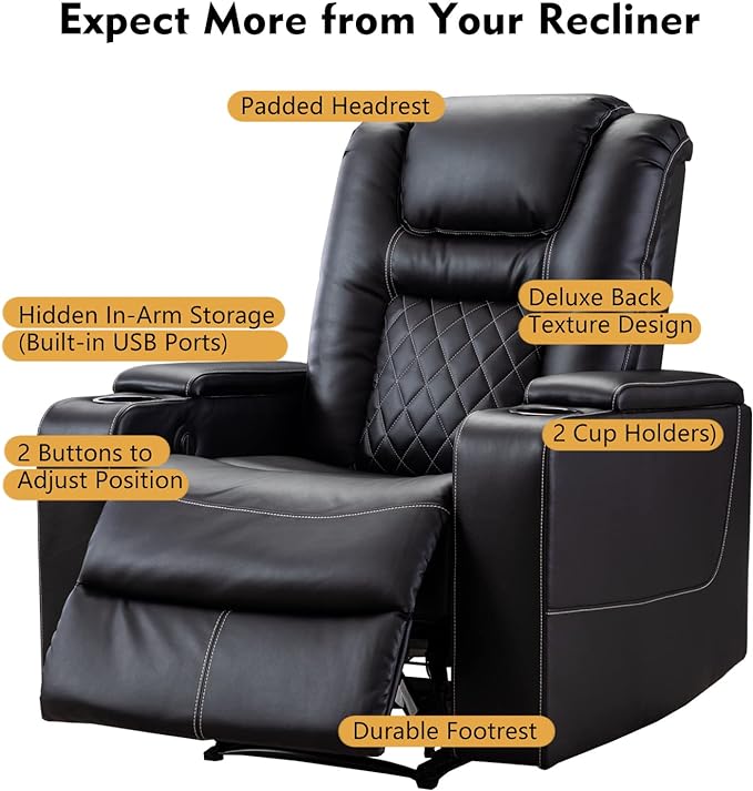 CANMOV Electric Power Recliner Chair with USB Ports and Cup Holders, Breathable Leather Home Theater Seating with Hidden Arm Storage (Black)