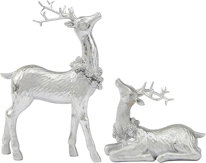 DN DECONATION Christmas Reindeer Figurines, Winter Deer Small Statues Decor, Silver Decorative Reindeer Sculptures, Resin Xmas Holiday Home Décor Accents for Office Living Room & Bedroom 2PCS
