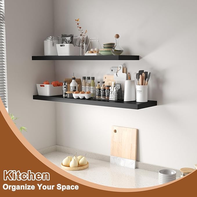 48 Inch Floating Shelf 2 Pack Large Floating Shelves for Wall No Drilling Accessories Included Deep Wall Shelves for Living Room Kitchen Farmhouse 48" W x 12" D x 1.2" Black