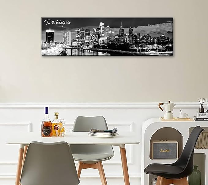 DJSYLIFE Philadelphia Skyline Canvas Art - 13.8"x47.3" Black & White Cityscape Wall Decor, Modern Panoramic Night View Print for Living Room, Office, Bedroom - Ready to Hang