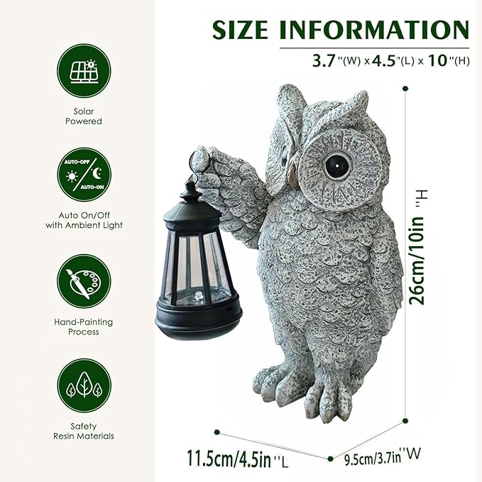 Garden Statues, owl Outdoor Figurines Decorated with Solar Lights, Unique Christmas Birthday Gifts for Moms, Grandmas, Women, Wives, Sisters (Grey Owl1)